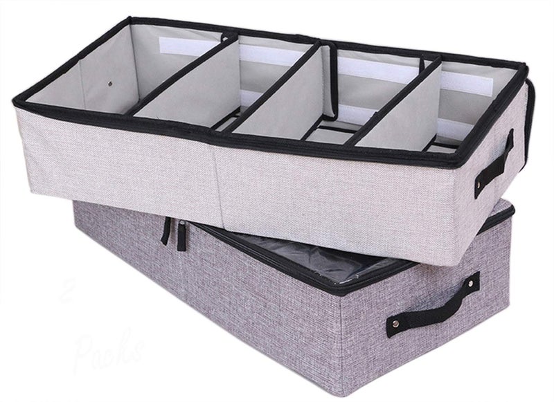 AARAINBOW 2 Packs Foldable Under Bed Clothes Organizer with Lids, Underbed Storage Container with Adjustable Dividers, UnderBed Storage Bins with Handles and Clear Window (Gray+Light Gray) - Image 1